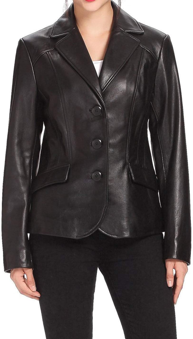 RedSeam Women's Genuine Lambskin Leather Blazer Slim Fit Jacket Three