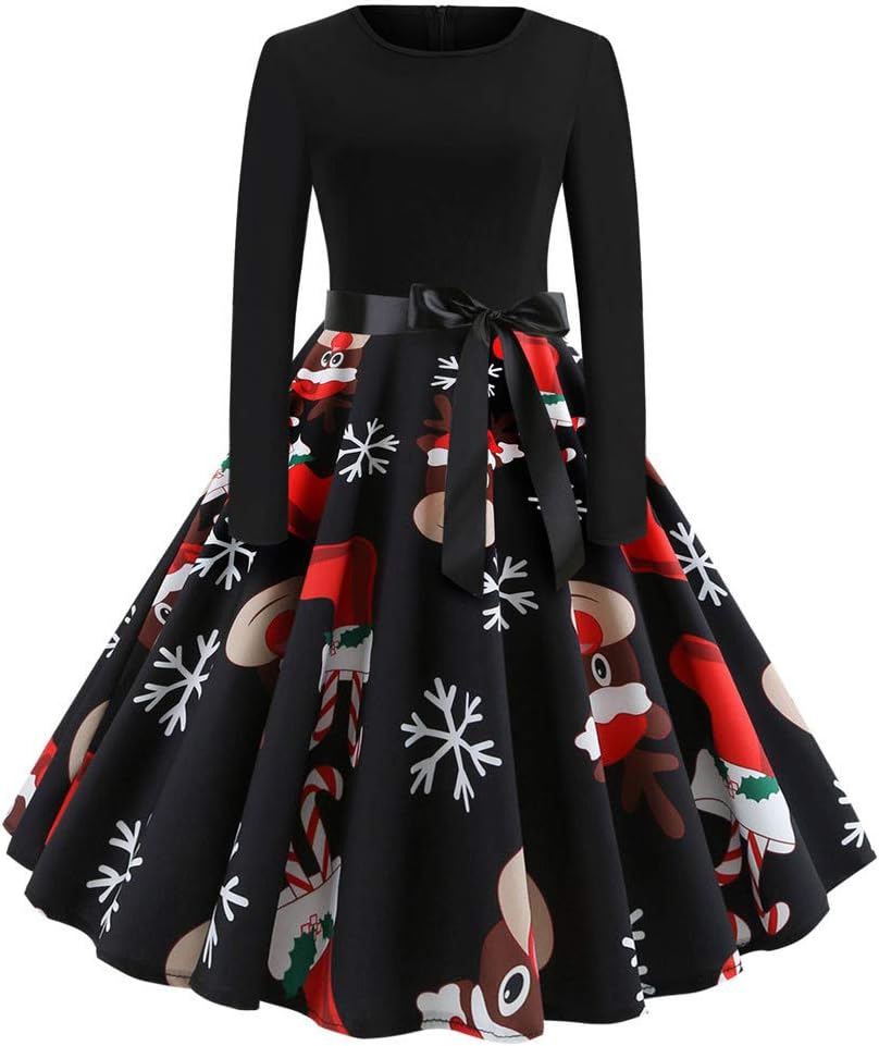 CUTUDE Womens Dresses,Christmas Women Costumes Vintage O Neck Print Vintage Gown Party Swing Dress