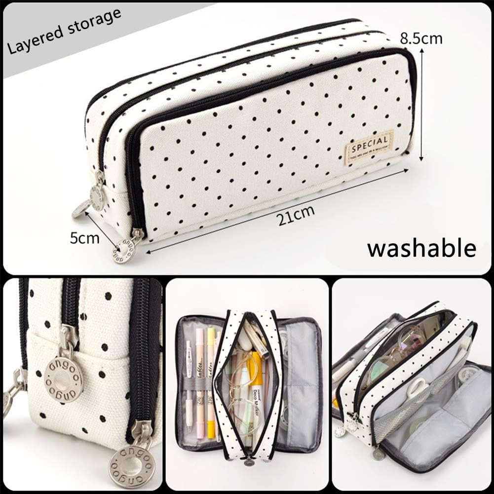 pencil BESLIME case Large-Capacity Canvas Pencil Case for Youth Women's Cosmetic Bag, Suitable for School and Office (Black and White) - Image 3