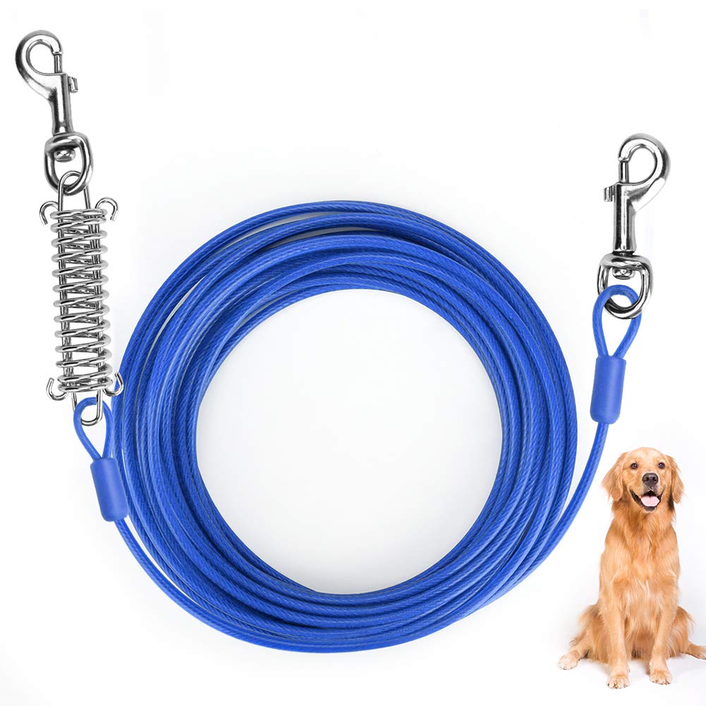 LINGSFIRE Dog Tie Out Cable 10m/33ft, Tie Out Cable for Dogs Stainless Steel Wire Rope with Shock Absorbing Spring & Metal Swivel Hooks, Pet Tie Out Cable for Large Dogs Up to 110 lbs