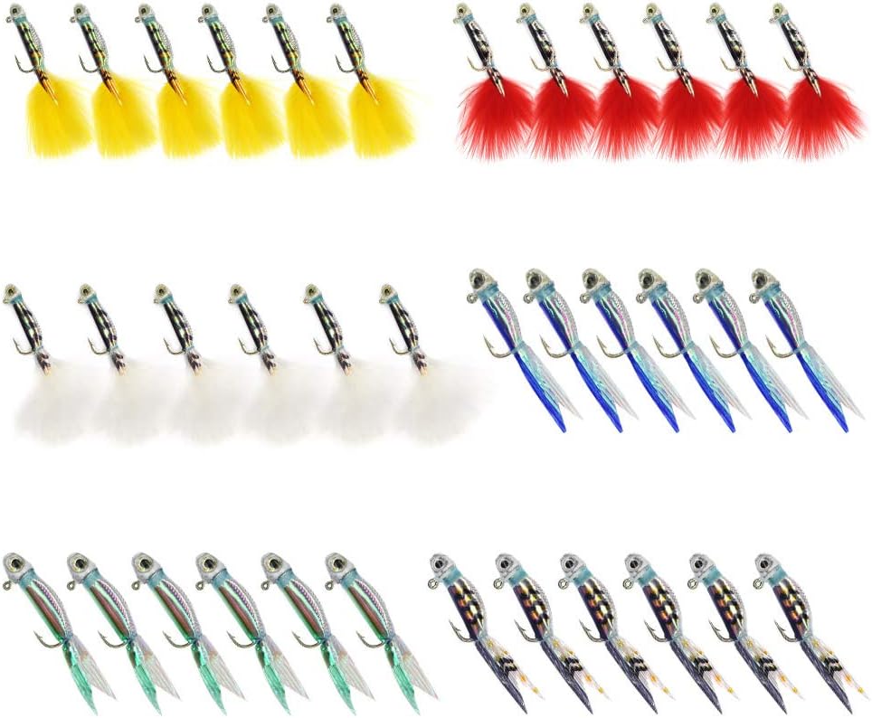 YZD Silverside Marabou Minnow Feather Jig Fishing Lure 12pcs/36pcs for Panfish Crappie Sunfish Bluegill Perch Walleye Crappie Nipper Fishing Marabou Feather Jig Micro Jig Head