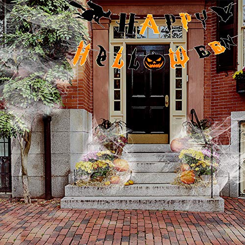 Pancarta Feliz de Halloween, Decoración de la Pancarta de Halloween con Letras, Bruja, Murciélago, Telaraña y mini Arañas, Decoración de Fiesta de Halloween Interior Exterior, duradero, 3 metros