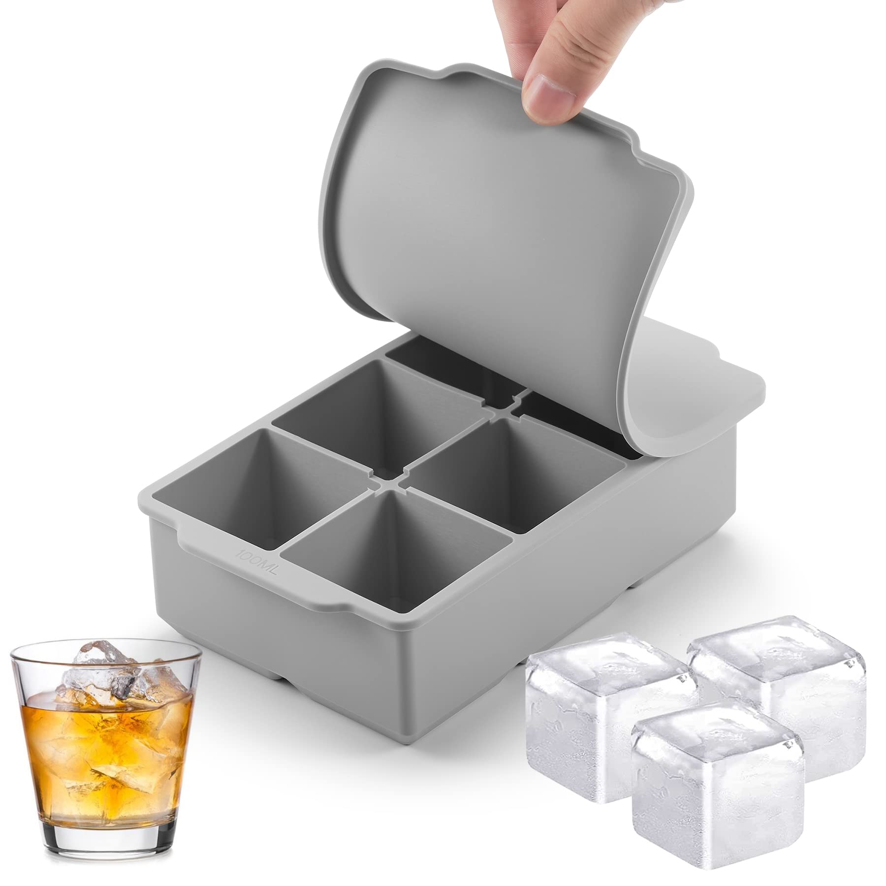 Photo 1 of Nax Caki Large Ice Cube Tray with Lid, Stackable Big Silicone Square Ice Cube Mold for Whiskey Cocktails Bourbon Soups Frozen Treats, Easy Release BPA Free