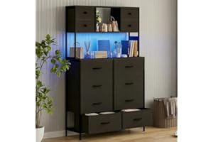 12 Drawer Dresser, Large Fabric Chest of Drawers with LED Light and Charging Station, 3 Open Shelves, Metal Frame and Wooden 