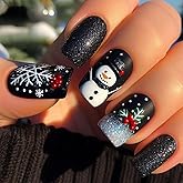 24Pcs Christmas Press on Nails Short Christmas Tree Fake Nail with Snowman & Snowflake Designs Blue Tip Xmas Nails Press ons Full Cover Glossy False Nails for Women
