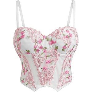 Women White Pink Floral Lace Corset Top Bustier Overbust Mesh Crop Tops XL | Boned Bustier Corset Adjustable Spaghetti Straps