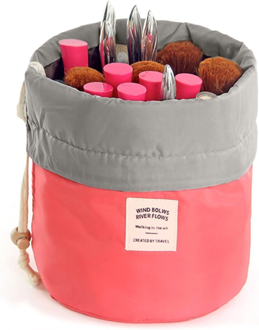 HJSMing Bathroom Folding Bag Travel Barrel Toiletry Bag Large Capacity Storage Organizer Travel Portable Cosmetic Bag Bucket Makeup Bag with Pouch(Red)