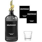 TOLDATLI Mouthwash Dispenser for Bathroom, 1 Pack Clear Black Glass Mouth Wash Container with Cup, 17 Fl Oz Mouth Wash Decanter Bottle Set, Refillable Mouthwash Pump Dispenser
