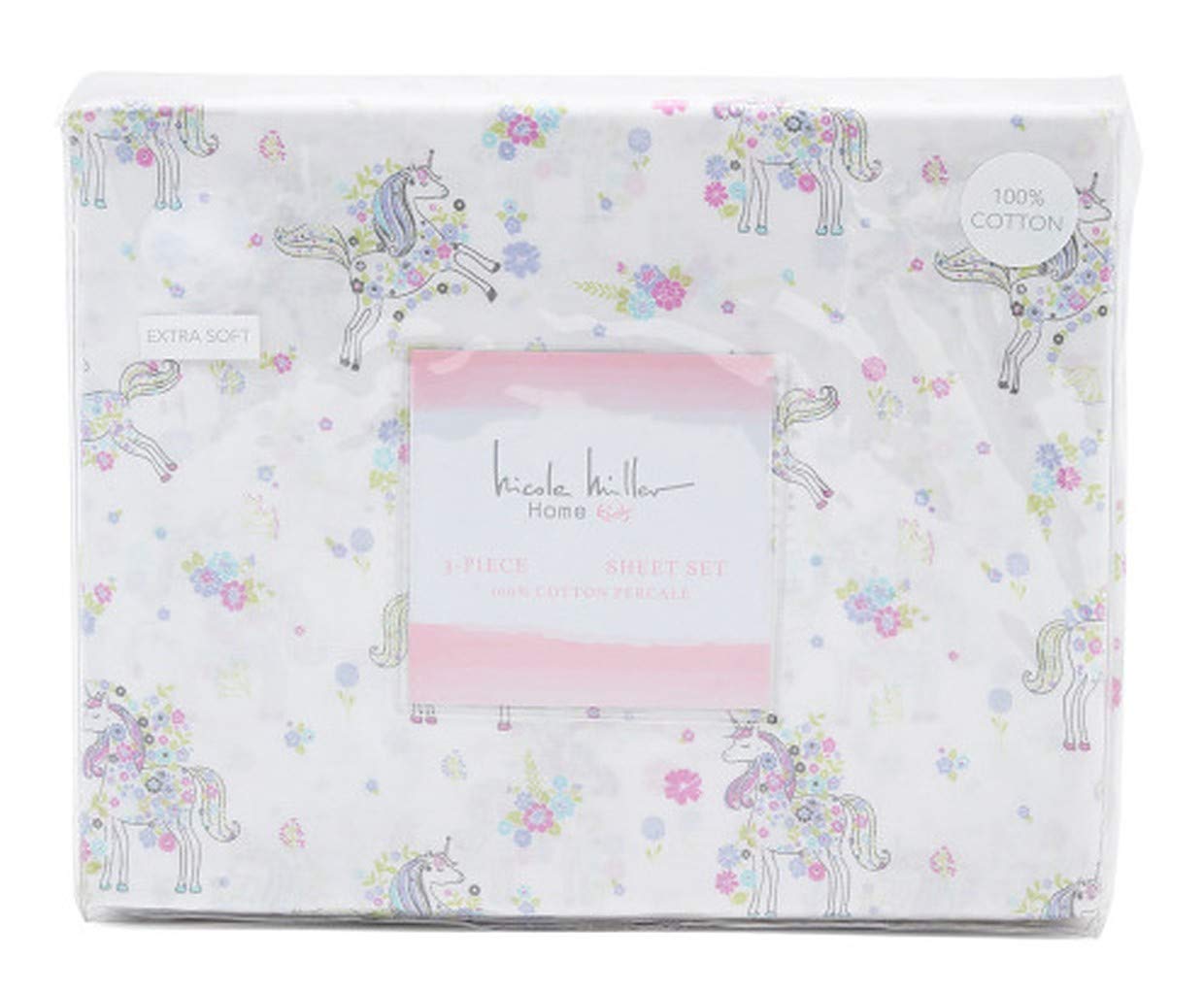 Nicole Miller Kids Unicorn Bloom Sheet Set for Girls in Pink Green Lilac Floral (Twin)