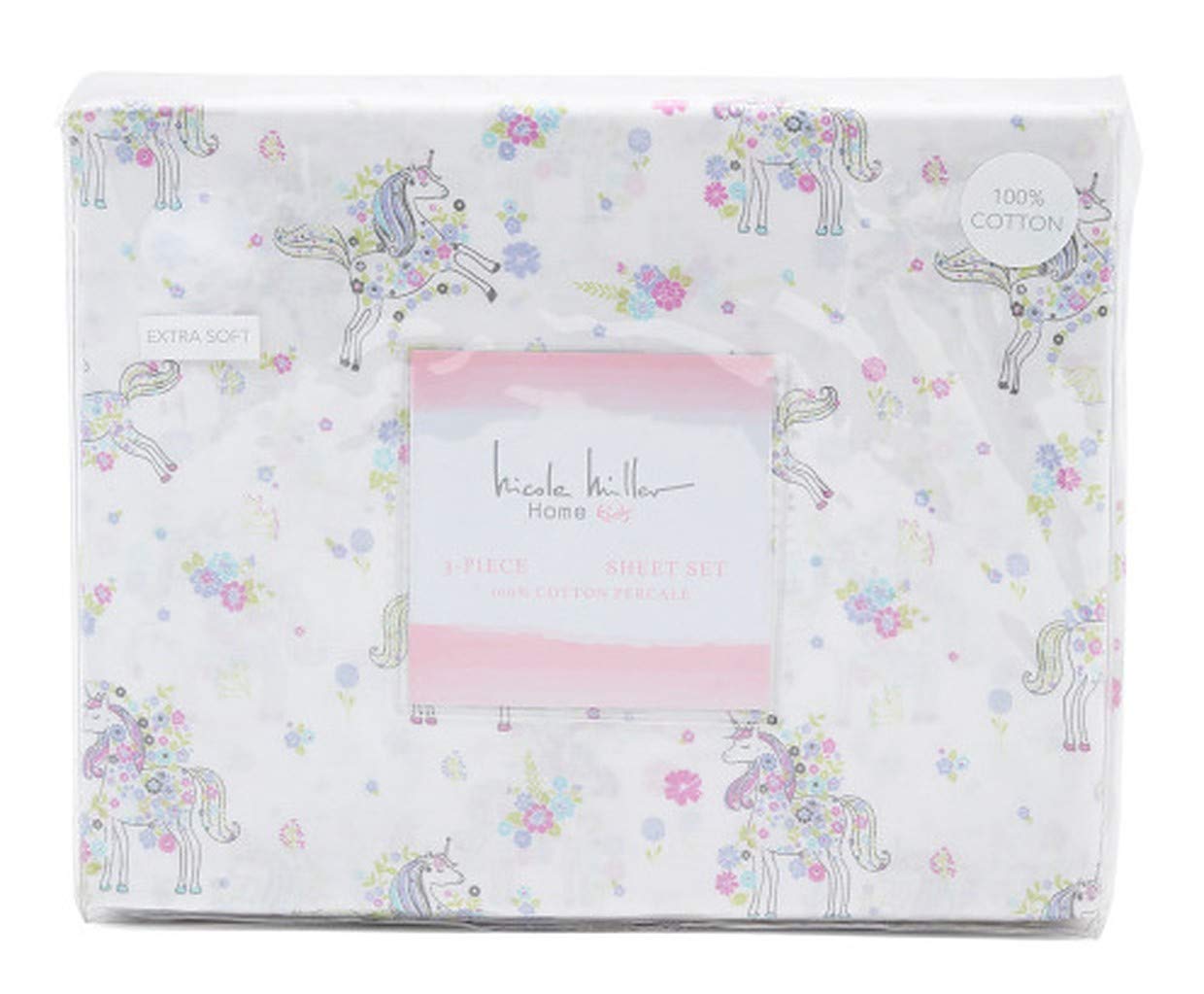 Nicole Miller Kids Unicorn Bloom Sheet Set for Girls in Pink Green Lilac Floral (Twin)