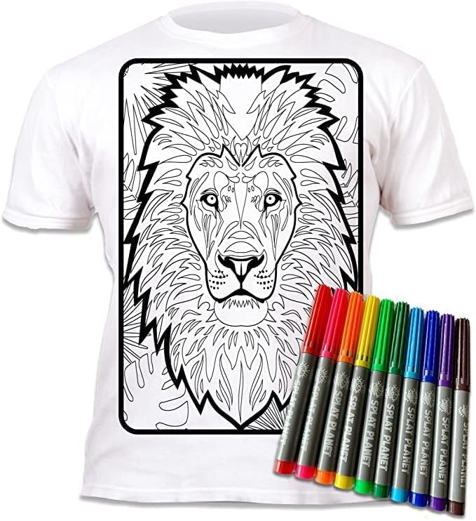 Splat Planet Colour-in Lion Pop Art T-Shirt with 10 Non-Toxic Washable Magic Pens - Colour in and Wash Out T-Shirt (Age 3-4) White