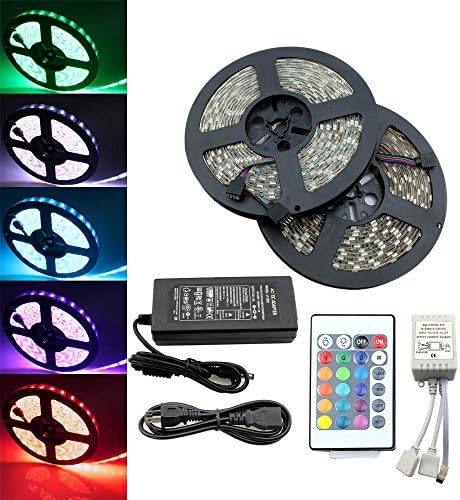 IWISHLIGHT Led Light Strips Kit IP67 Waterproof 32.8 Ft 600Leds RGB Color Changing Led Tape Light with Power Supply and 24keys Double Port IR Controller