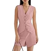 SUUKSESS Women's Summer 2 Piece Sets Button Down V Neck Vest Waistcoat and Pockets Shorts Sets
