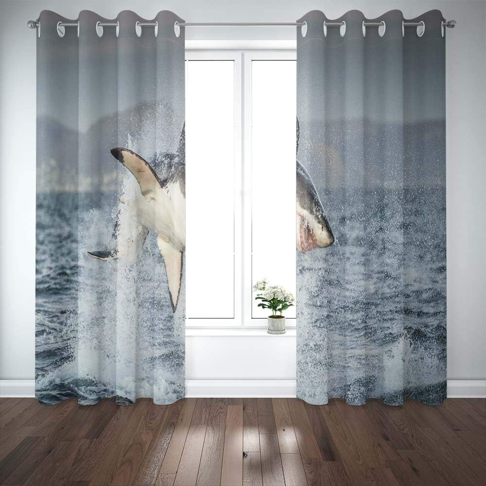 Shorping 52X84 Inch 3D Window Curtains, Privacy Window Curtain Great White Shark in Attack Hunting of South Africa Carcharias Breaching an a Window Blackout Curtains for Bedroom,2 Pc
