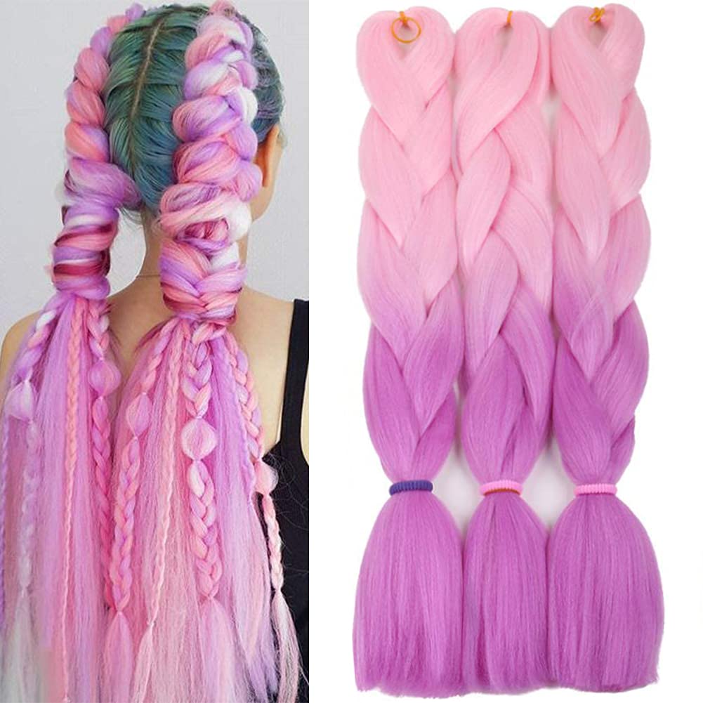 Colorfulpanda Braiding Hair Extension Yaki Texture Heat Resistant Synthetic Hair African Box Braids Crochet Twist for Women Girls 3pc/pack Light Pink/Rose color 24 Inch โ image 1