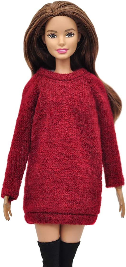 Elenpriv FA-005 Sweater-Dress + Stockings Vine-Red Color Full Outfit for Barbie Pivotal, Made-to-Move Dolls