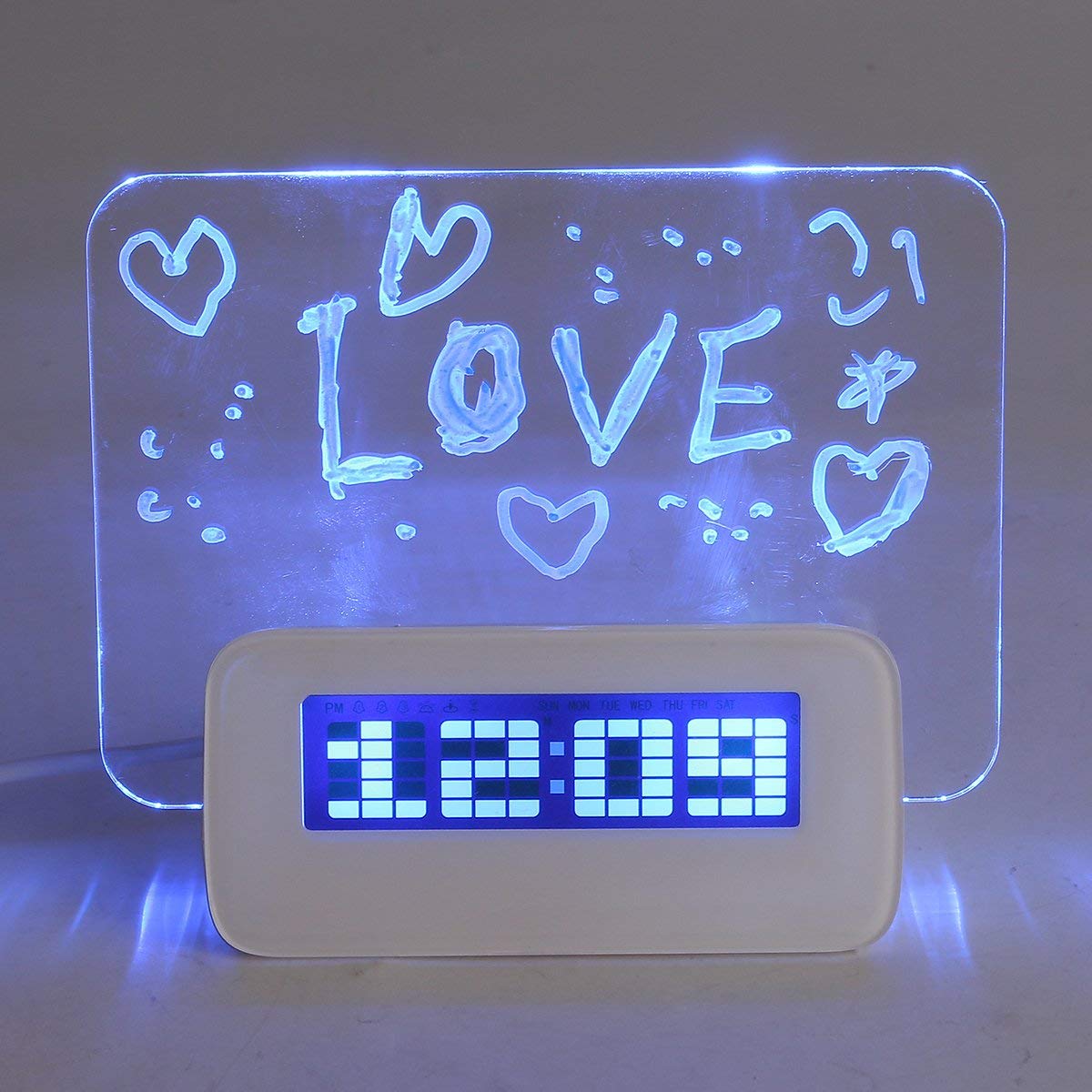 Baban Multifunctional LED Digital Alarm Clock/Calendar/Thermometer + Fluorescent Memo Board + Highlighter + User Manual, with 4 USB Ports, Christmas/Halloween/New Year/Birthday Gifts(Blue Light)