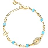 Women's Gold Virgin Mary Bracelet - 14K Gold Plated Religious Cross Bracelet,Dainty Golden Non Tarnish Virgen De Guadalupe Natural Stone Beaded Jewelry,Catholic Faith Baptism Confirmation Gift for Her