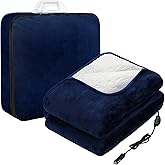 Riakrum 12v Heated Car Blanket 58" x 43", 3 Heating Level Electric Heated Blanket Portable Throw with Temperature Controller Cigarette Lighter Socket for Truck Winter(Navy Blue,Solid)