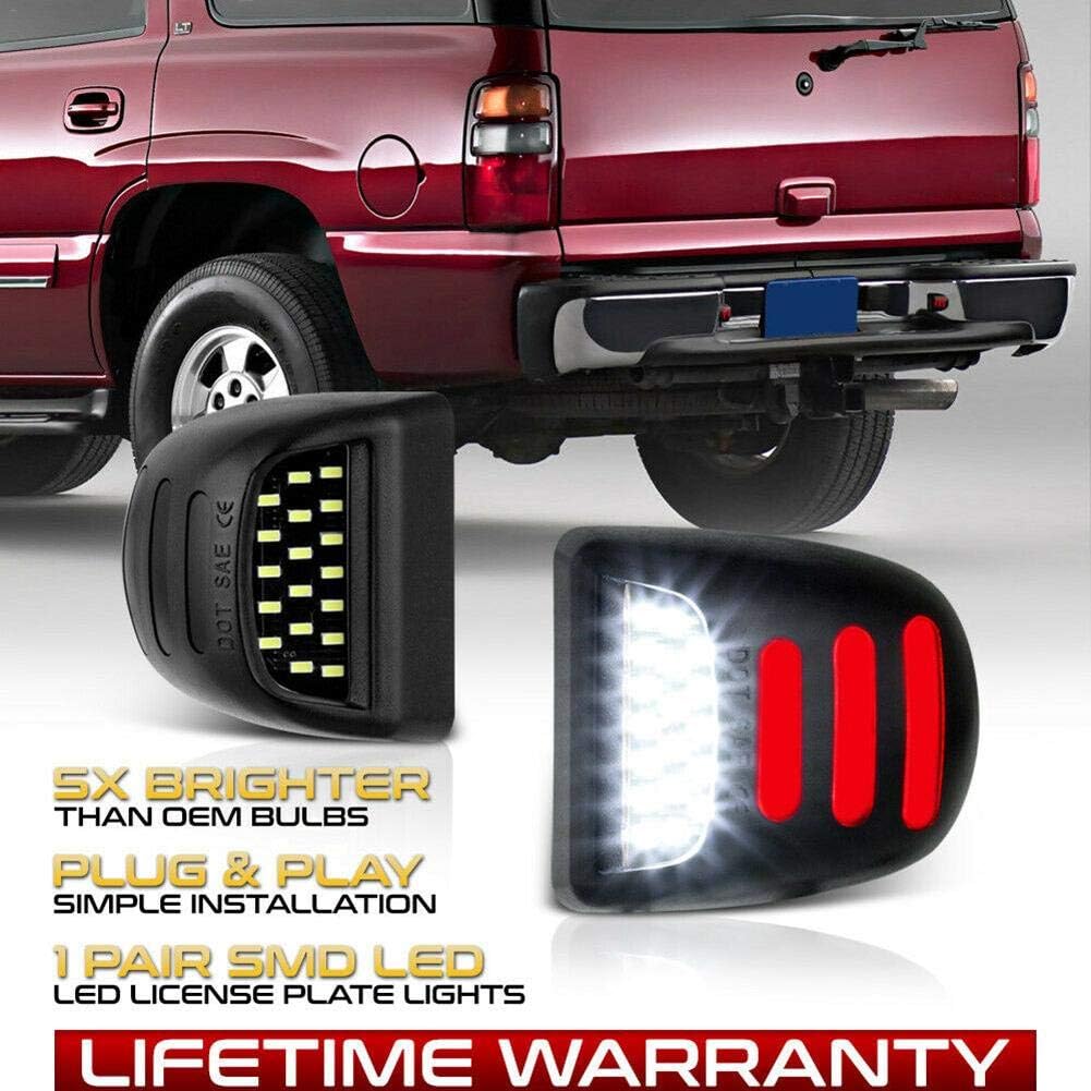 Cracklight Red Neon Tube Pure White LED License Plate Light, Tag Lamp Assembly Replacement for Cadillac Escalade Chevy Silverado Tahoe Suburban GMC Sierra 1500 2500 3500 Yukon XL Improved