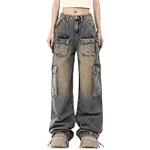 POHADON Cargo Jeans for Women Straight Wide Leg Baggy Denim Pants Flap Pocket Relaxed Fit Streetwear Y2K Grunge Clothes