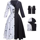 LILLIWEEN Adults Black White Witch Deville Cosplay Costume Dress for Women with Glove Halloween Dalmatian Suit