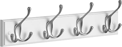 SONGMICS Wall-Mounted Coat Rack with 4 Tri-Hooks White Silver LHR030E01
