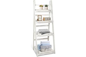 ECOMEX Ladder Shelf Bookcase,4-Tier Leaning Ladder Bookshelf,Industrial Bathroom Shelf, Multifunction Standing Organizer, Foldable Plant Shelf for Home Decor,Bathroom Shelves Book Storage Shelf（Brown）