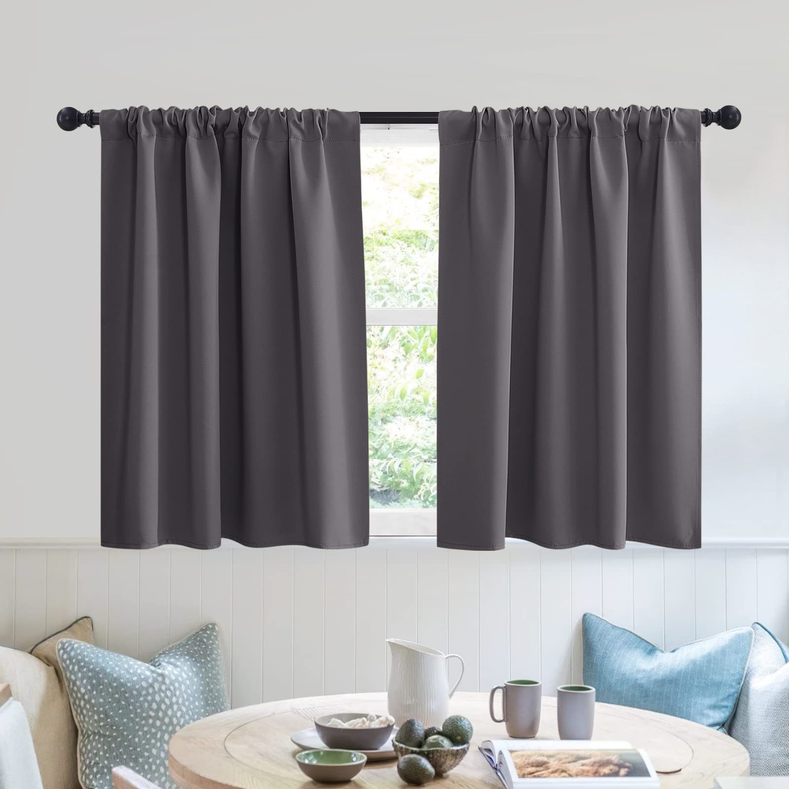 View 1 of RYB HOME Short Blackout Curtains for Kitchen, Solid Half Window Treatment for Bedroom Energy Saving Privacy Shade for RV Camper Bathroom Basement, W42 x L30 inches, Grey, 2 Panel Set