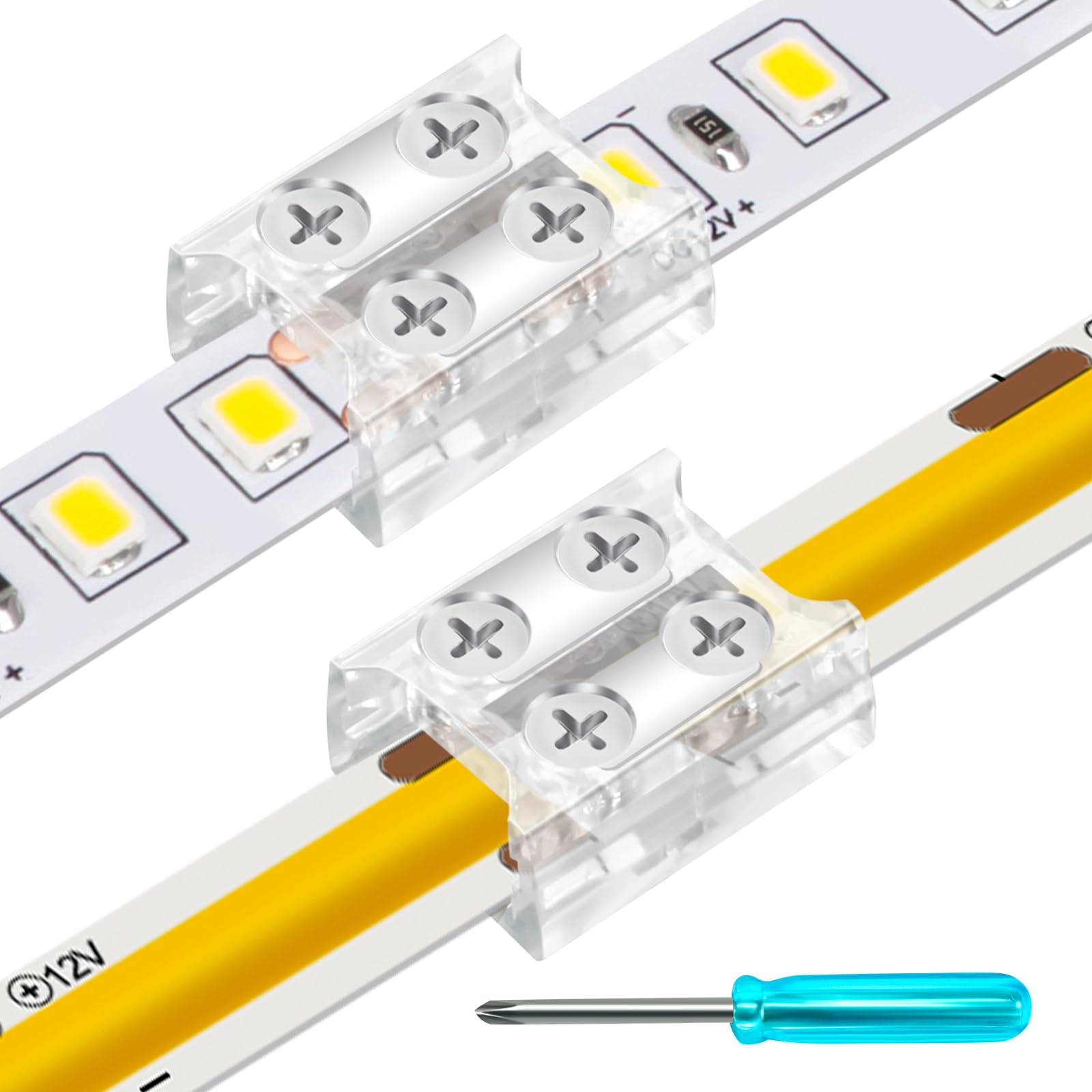 VIPMOON 12 Pack 2 Pin 8mm LED Strip Connectors, Solderless Tighten Screw Strip to Strip Connector for COB/SMD 5V 12V 24V 36V Single Colour LED Strip Lights