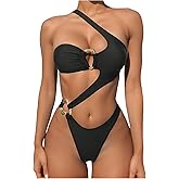 OYOANGLE Women's Ring Linked Cut Out One Shoulder One Piece Swimsuit High Cut Bathing Suits