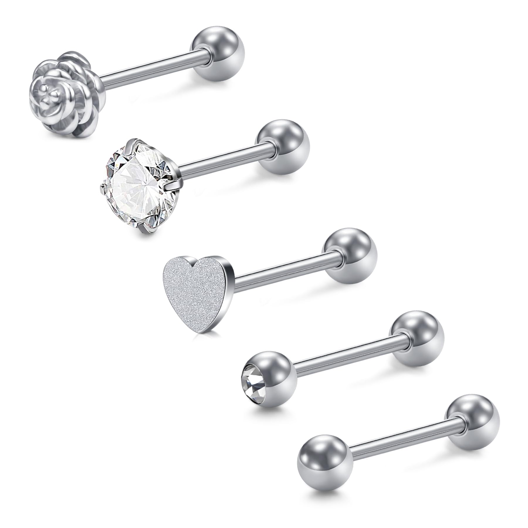 Crdifu Silver Tongue Bars Rings Set Stainless Steel Straight Barbell 14G 16mm