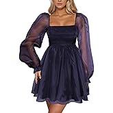 Aisbei Women's Square Neck Puff Sleeve Babydoll Dress Backless Casual A-Line Short Mini Dresses