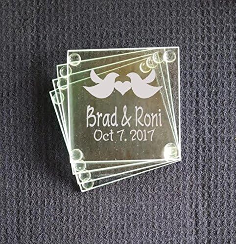 Wedding Favor Coasters Personalized Love Birds Add names and dates. (50) Glass 3.5x3.5 inch