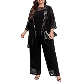 Women's Plus Size Mother of Bride Pant Suits 3 Piece Chiffon Party Sets Lace Splicing Design Evening Gowns