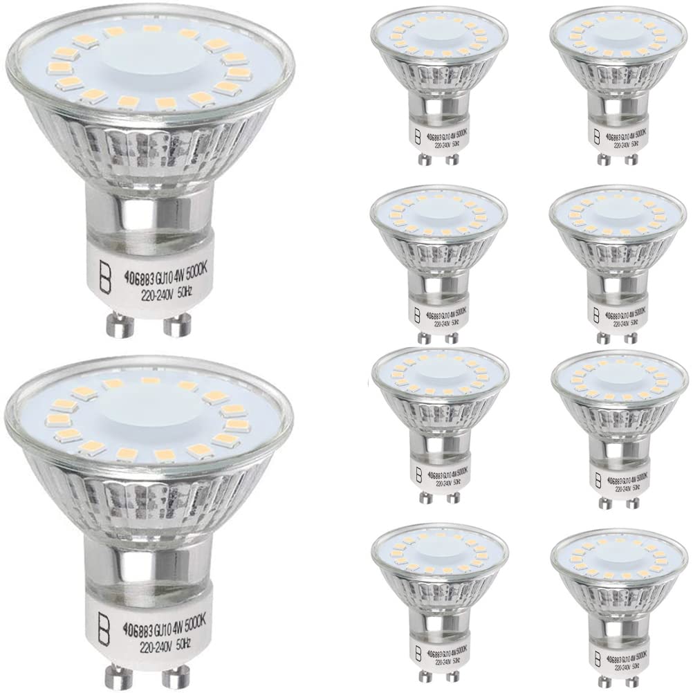 KEPLIN GU10 Led Bulbs, Pack of 10, 50 W Halogen Bulb Equivalent, 4W 350lm, Daylight White Lighting 5000K, 120° Angled Beam, Saving on Bills [Energy Class A++] (Daylight White (5000k))