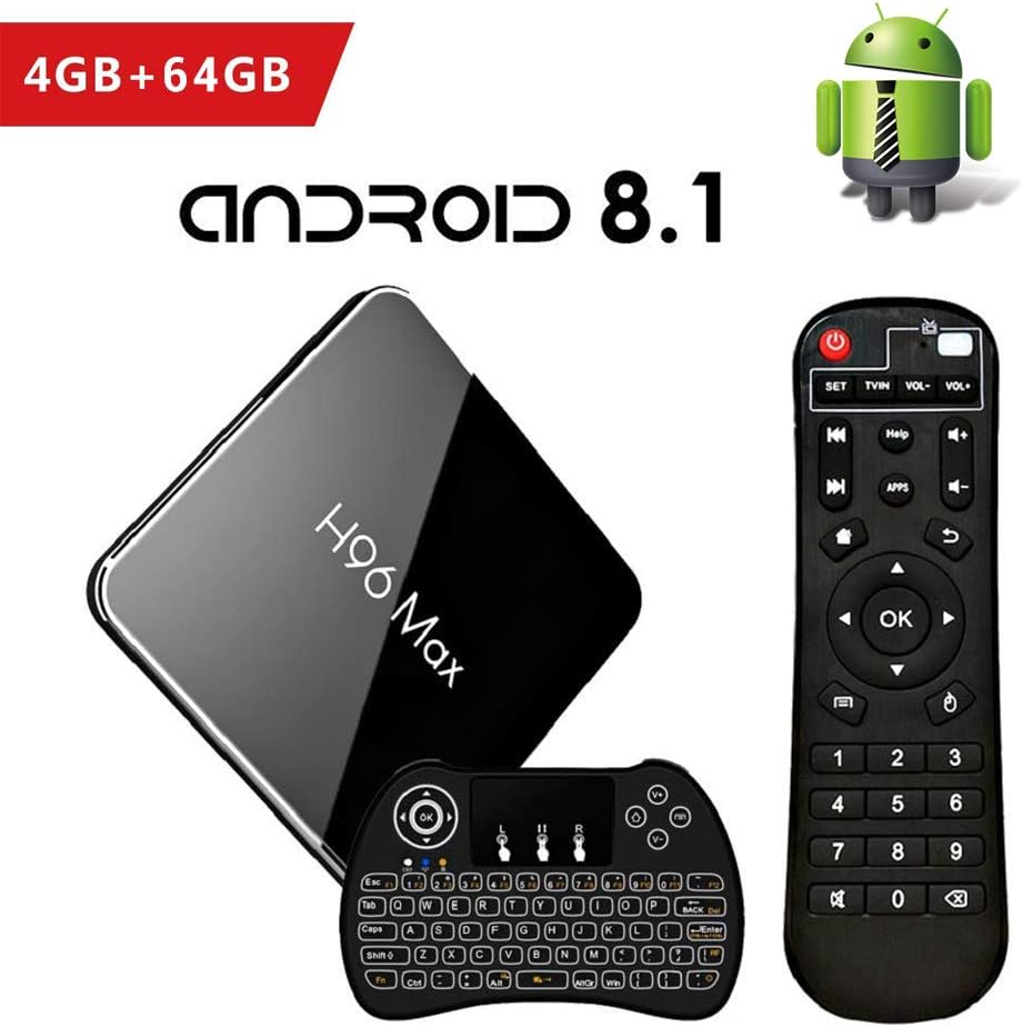 H96 MAX Android 8.1 TV Box with Wireless Backlit keyboard, 4K Ultra HD Smart TV Box 4GB DDR3 + 64GB EMMC Bluetooth 4.0 with Amlogic S905X2 Quad Core 64Bits CPU Support 2.4/5GHz WIFI 100M LAN H.265 3D