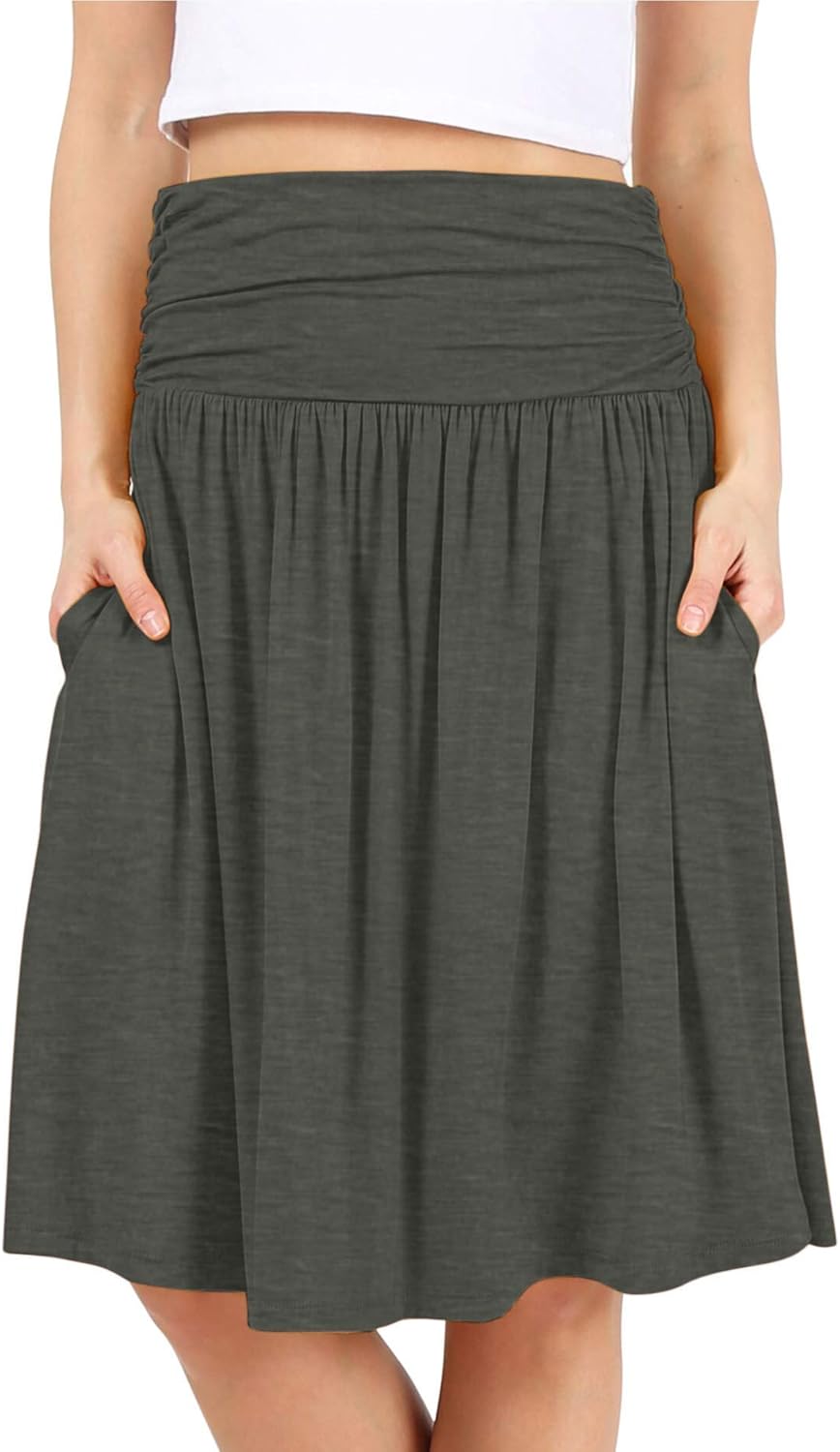 Simlu Womens Regular and Plus Size Skirt with Pockets Below The Knee Length Ruched Flowy Skirt Midi Skirt for Women: Clothing