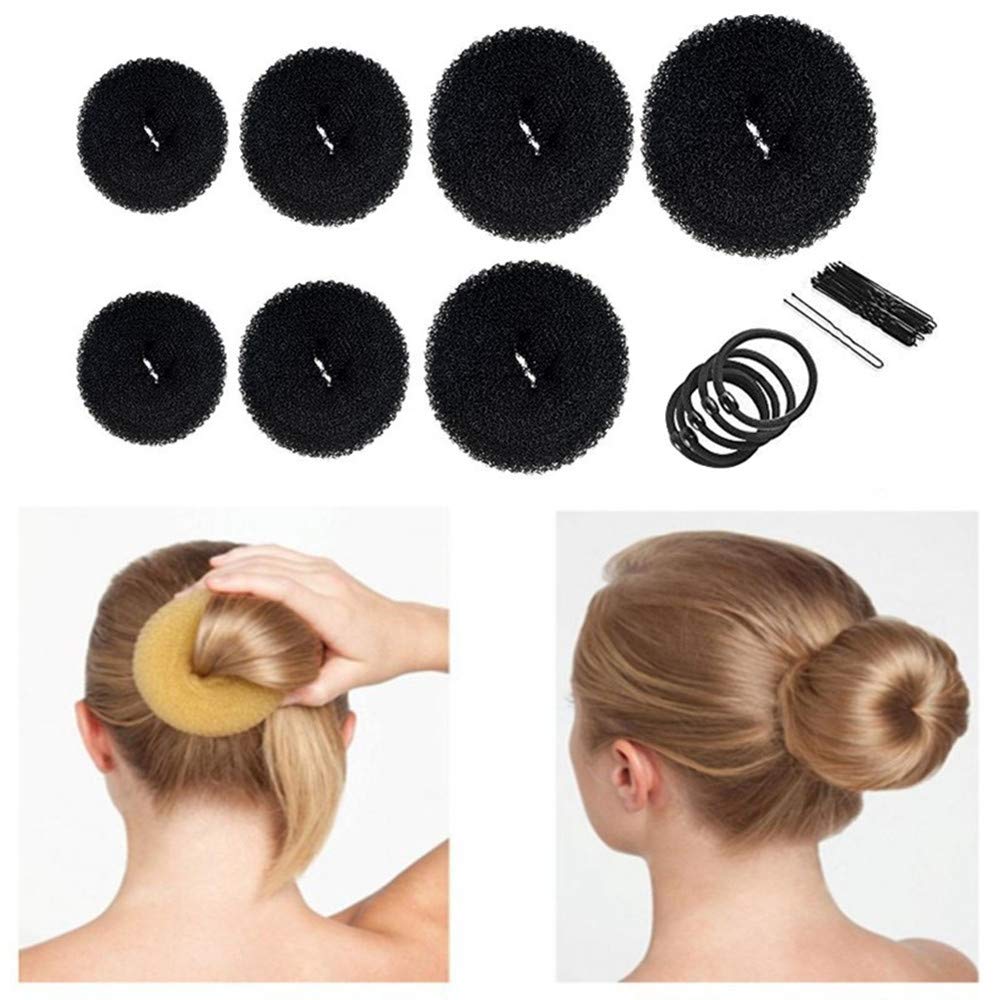 Donut Hair Bun Maker Set, 7pcs Hair Ring Style Bun Maker with Hair Elastic Bands, Hair Pins for Dance Ballet Chignon (BLACK)