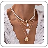 Gold Mermaids Starfish Necklace for Women Charm Shell Pendant Necklaces Layered Stacked Shell Necklace Pearl Chain Necklaces Boho Summer Ocean Beach Mermaids Jewelry