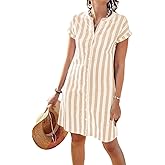 chouyatou Women's Casual Short Sleeve Striped Shirt Dress Notched V-Neck Midi Long Beach Dress