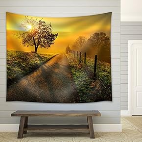 Idyllic Rural Landscape on a Hill with a Tree on a Meadow at Sunrise - Fabric Wall Tapestry Home Decor - 51x60 inches