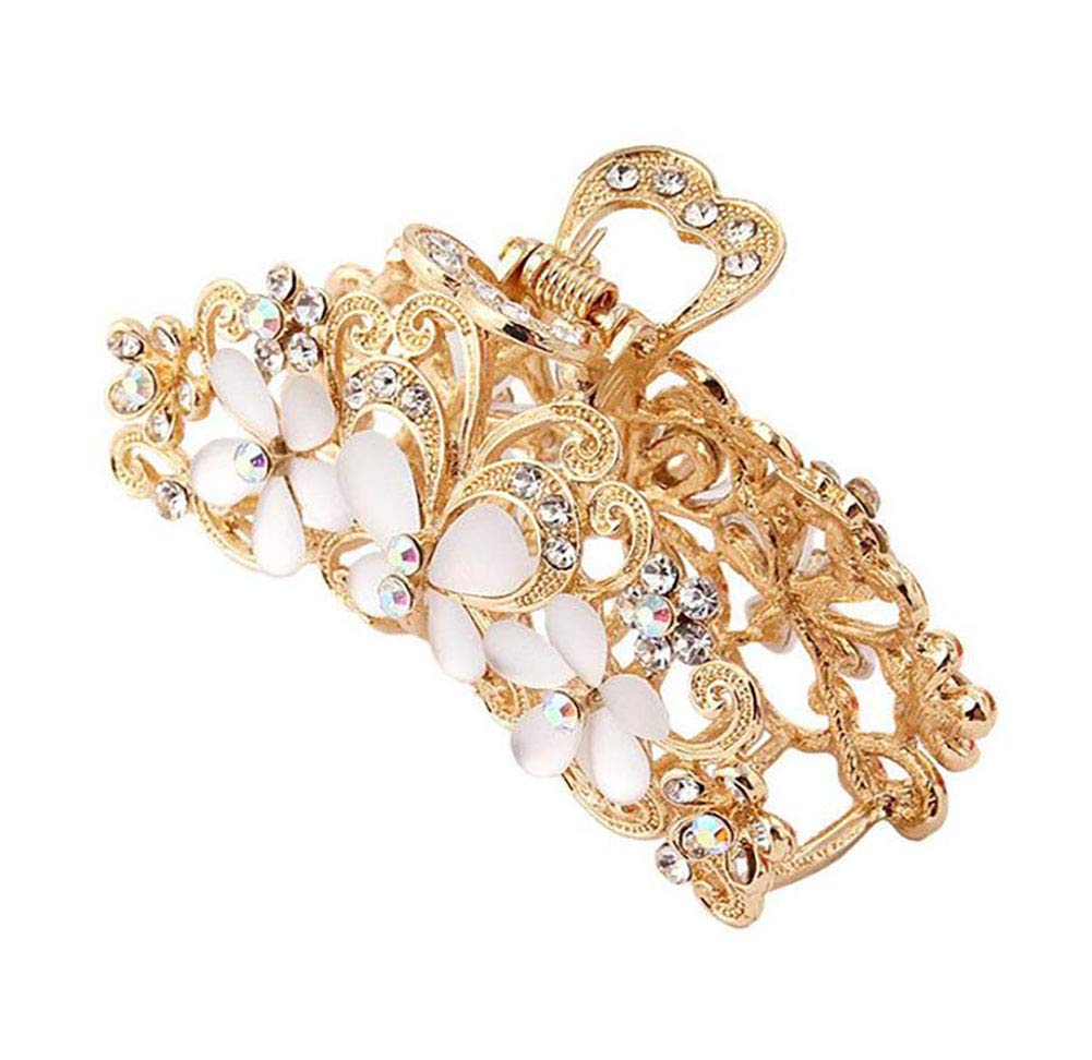 Women Lady Retro Hollow Carving Flower Hair Claw Clip Elegant Metal Rhinestone Hair Clamp Hair Pin (Gold)