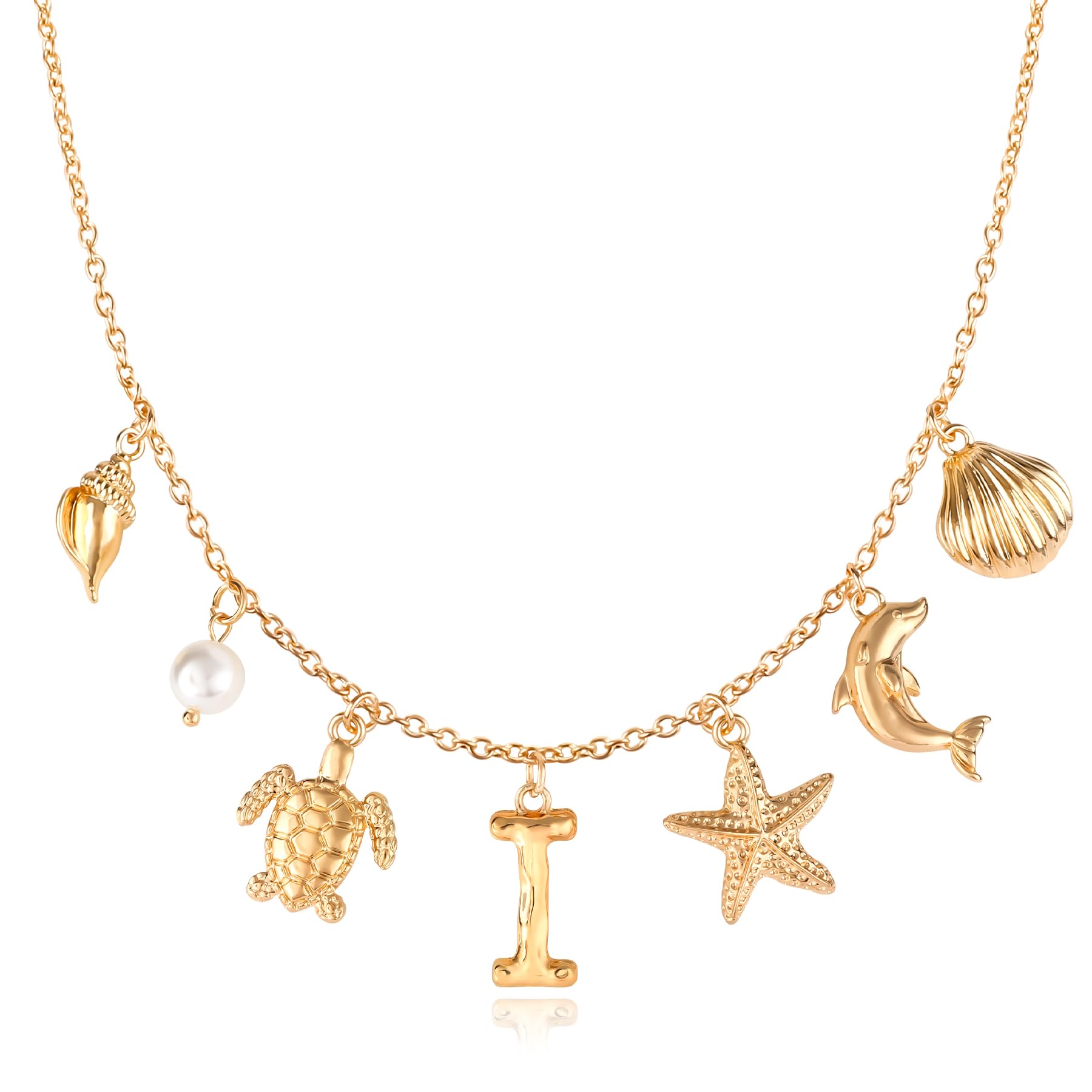 NEKOL Initial I Charm Necklace For Women, Boho Gold Summer Beach Surfer Letter Necklace Starfish Seashell Pearl Turtles Dolphin Charms Pendant, Trendy Pendant Alphabet Choker Necklace Jewelry Gifts