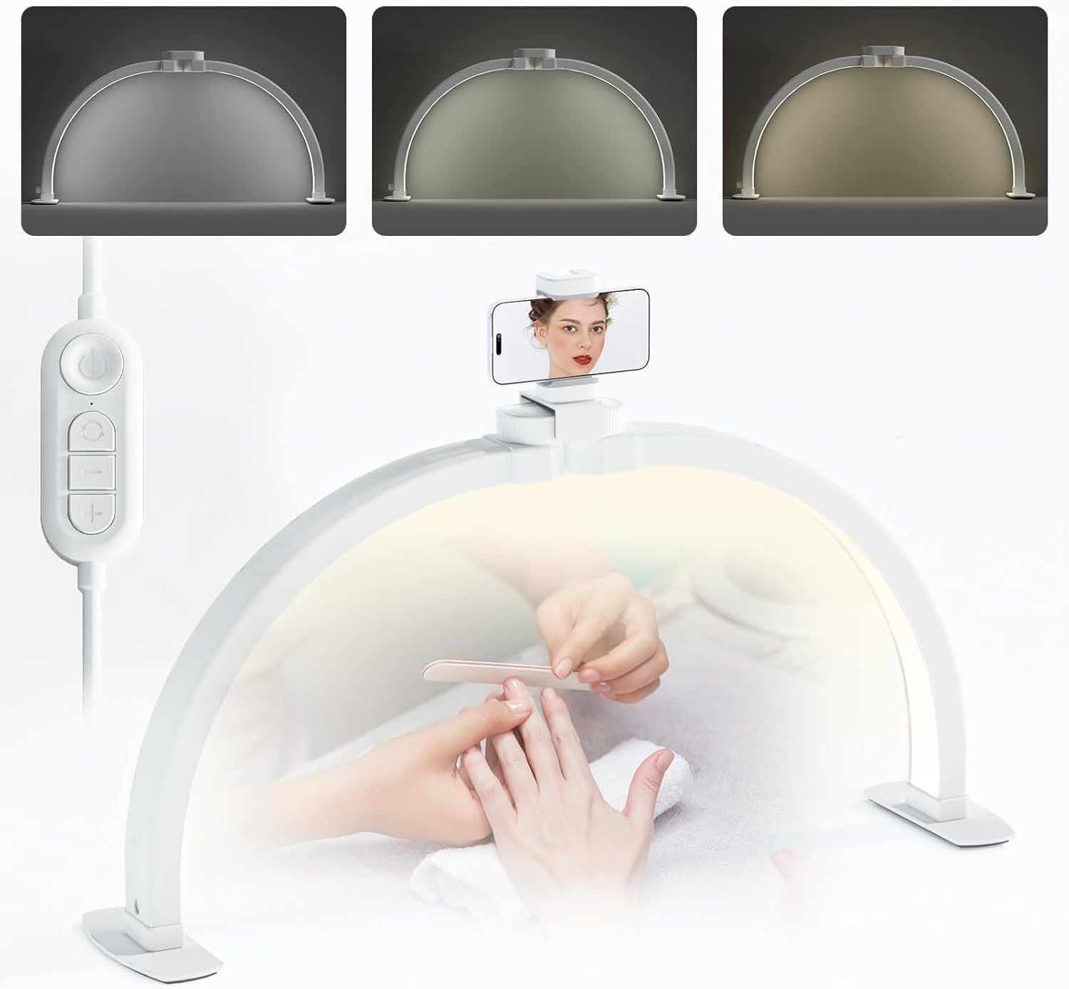 Lmaqfum Foldable Half Moon Nail Desk Lamp, 23 Inch Lash Light Led Nail Tech Lamp for Desk, Half Moon Light with Phone Holder, Estheticians Table Lamp for Tattoo, Lash Eyelash Extension, Beauty