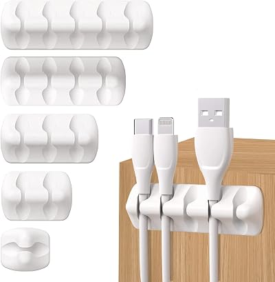 Fantasyon 5-Pack Silicone Cable Holder Clips White Self Adhesive Cord Organizer