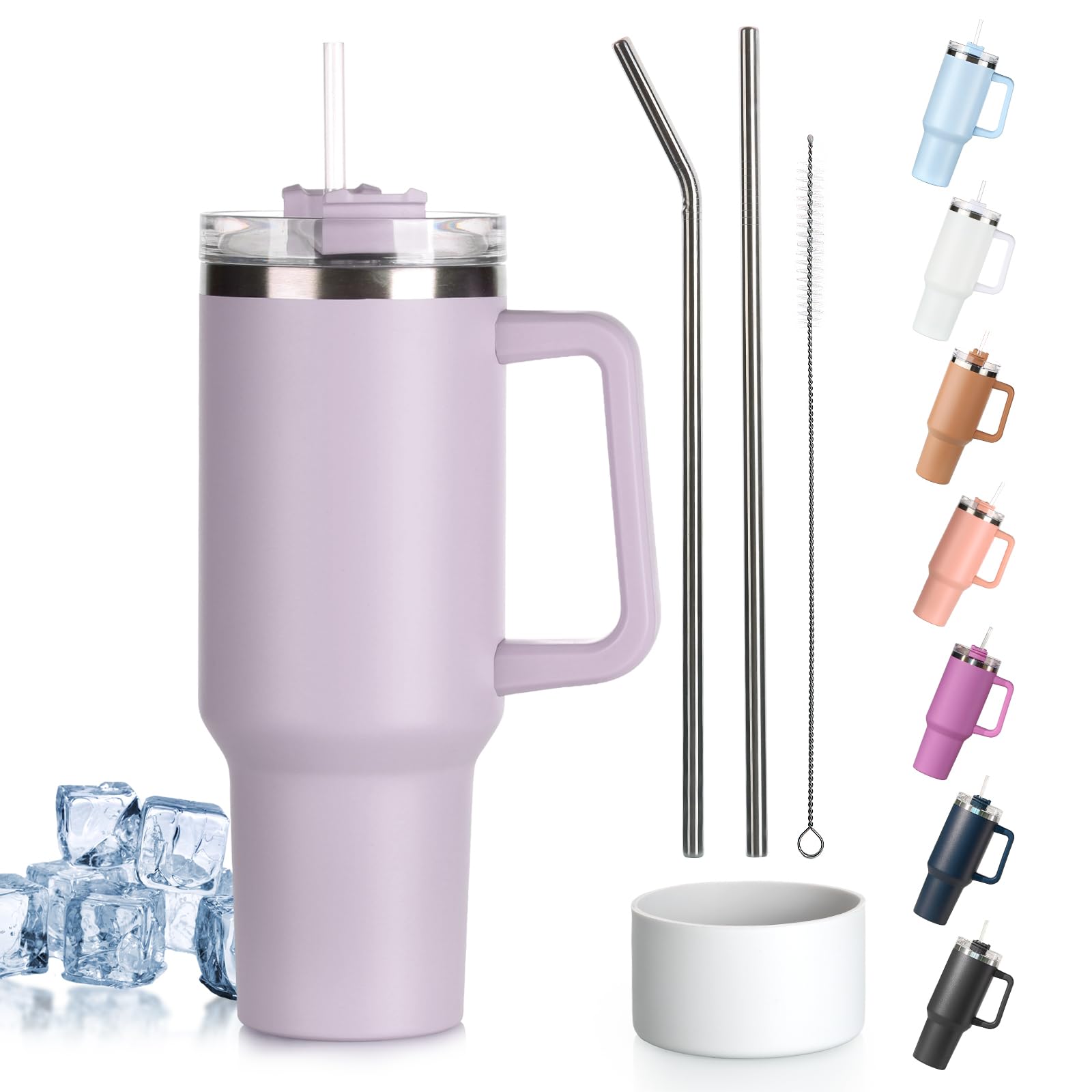 Tuocal 40oz Tumbler with Straw Lid and Handle + 2 Stainless Steel Straws + Silicone Boot, 1180ml Double Wall Vacuum Insulated Cup, Car Coffee Mug, Travel Water Bottle for Hot Iced Coffee, Light Purple