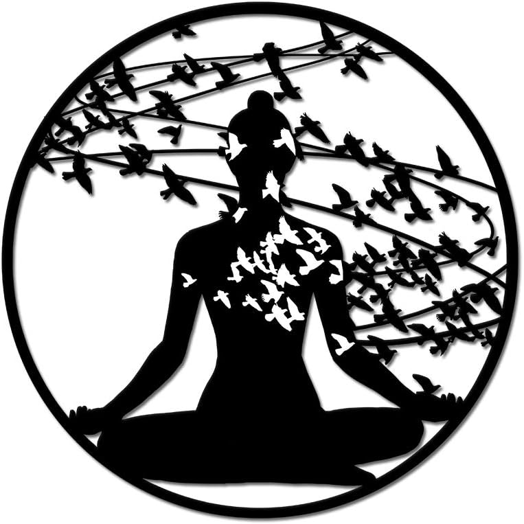 Yoga Art Wall Decor Abstract Woman with Birds Design Metal Wall Sculpture Zen Life Hanging Art for Home Bedroom Yoga Room Peace Wall Decoration Gift Piece