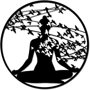 Yoga Art Wall Decor Abstract Woman with Birds Design Metal Wall Sculpture Zen Life Hanging Art for Home Bedroom Yoga Room Peace Wall Decoration Gift Piece