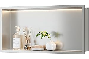 Qeke Stainless Steel Shower Niche 24" X 12", No Tile Needed Wall Niche with Non-Dimmable Led Light, Recessed Shower Niche Lighting for Bathroom Storage Over Mount Installation, Brushed Nickel